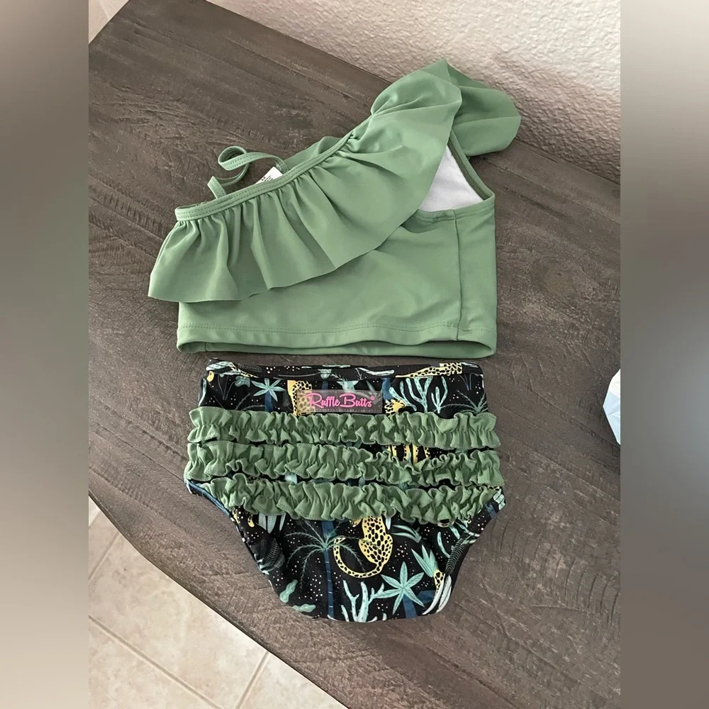 Green Ruffle One-Shoulder Kids two piece Swim bathing suit  Set